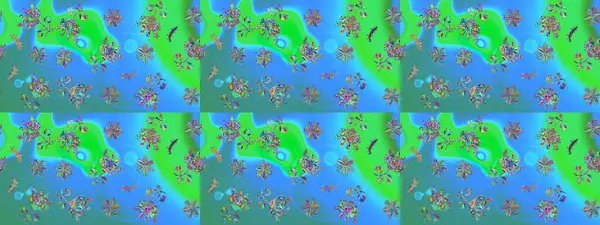 Raster illüstrasyonu. Mavi ve yeşil renkli kar taneleri. Kar tanesi raster deseni. Renkli arka planda izole tatlı kar taneleri.