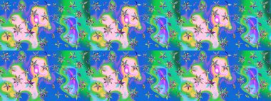 Çok mavi, zarif küçük çiçekler ve mavi renkli komik böcekler, raster desen, illüstrasyon.