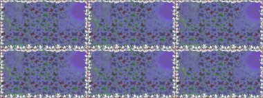 Kağıt, kumaş ve ambalaj için uygun. Mor ve mavi renkli bir resim. Raster çiçekli, kelebekli kusursuz desen..