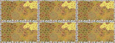 Raster illüstrasyonu. Bahar Kelebeği teması. Giysi kumaşı için böcek dokusu parçası tekrarlanıyor. Sonsuz. Sarı ve kahverengi arkaplanda güzel, pürüzsüz bir kelebek bezi var. Çizim, karalama, karalama.