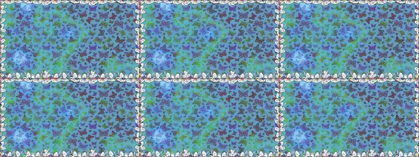 Raster illüstrasyonu. Kusursuz bir arka plan. Mavi ve yeşil renklerdeki soyut sevimli kelebek. Basit bir şekilde.