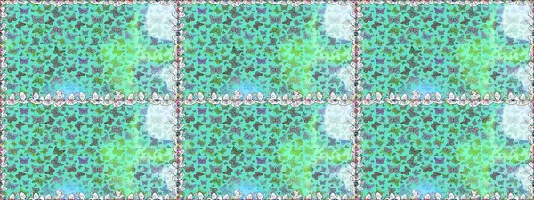 Mavi ve yeşil arka planda kelebek. Raster illüstrasyonu. Davetiye, kart ve parmak izi için basit kadınsı bir model. Kusursuz..