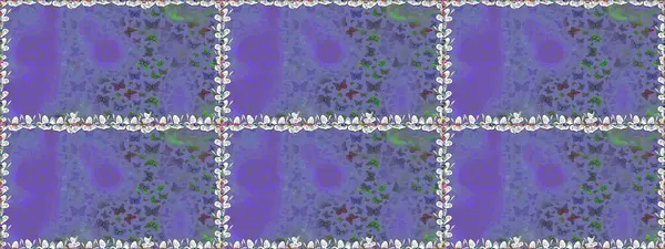 Nakış, egzotik kelebeklerle süslenmiş çiçeksiz desenler. Kart, baskı ve davetiye için basit şirin bir desen. Giysi tasarımı için mor ve mavi arka planda geleneksel Raster halk çiçekleri dekoru