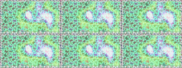 Mavi ve yeşil renklerle ilgili kusursuz çiçek desenli arka plan. Duvar kağıtları, web sayfası geçmişi, yüzey dokuları, tekstil için mükemmel. Raster. Resimler tropikal kelebeklerle birlikte.