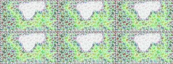 Kumaş, tekstil, baskı ve davetiye örnekleri. Tarafsız ve yeşil arkaplan çizimi. Raster. Kelebek deseni. Kusursuz..