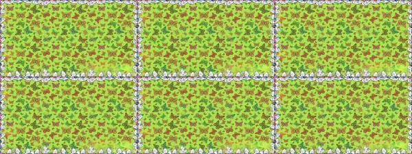 Kağıt, kumaş ve ambalaj için uygun. Kelebekli Raster çiçeksiz desen. Yeşil ve kahverengi renkli çizimler.