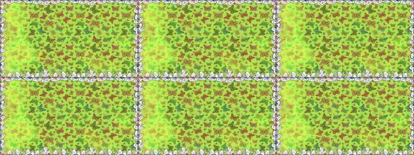 Raster. Kumaş, tekstil, baskı ve davetiye örnekleri. Kelebek deseni. Yeşil ve sarı arka planda bir resim. Kusursuz..