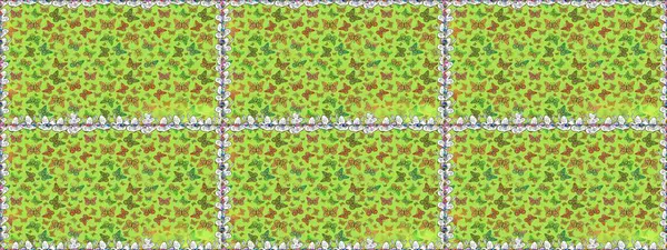 Kağıt, kumaş ve ambalaj için uygun. Kelebekli Raster çiçeksiz desen. Yeşil ve kahverengi renkli çizimler.