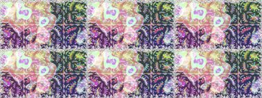 Ağaç dallı bahar çiçekleriyle desen, nötr ve mor renkte çiçek silueti. Raster deseni.