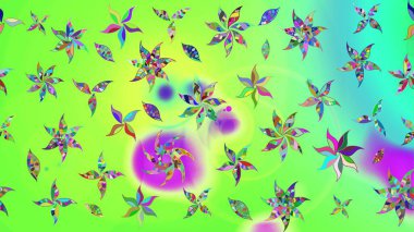 Şirin çiçekli eskiz deseni ve yeşil renkli yapraklar, suluboya çiçek deseni, duvar kağıdı, kart veya kumaş için fayanslı. Raster illüstrasyonu.