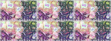 Ağaç dallı bahar çiçekleriyle desen, nötr ve mor renkte çiçek silueti. Raster deseni.