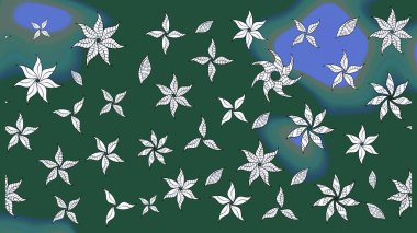 Raster Floral Illustration, Asyalı tekstil. Yeşil renkli etnik çiçeklerle zarif eskiz deseni.