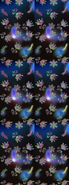 Raster illüstrasyonu. Gri, mavi ve siyah renkli kristal kar taneleri.