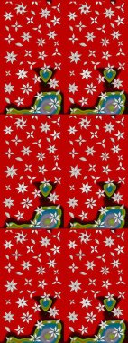 Kırmızı renkte çiçekler. Hediye ambalaj kağıdı, tebrik kartları, posterler ve pankart tasarımı. Raster düz çiçek çizim deseni.