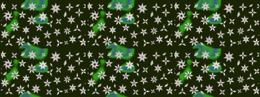 Şirin çiçekli eskiz deseni ve gri renkli yapraklar, suluboya çiçek deseni, duvar kağıdı, kart veya kumaş için fayanslı. Raster illüstrasyonu.