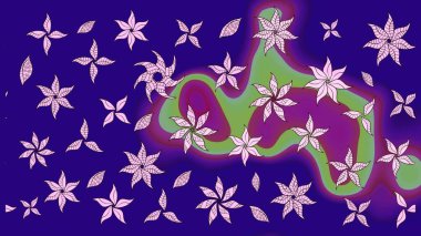 Raster illüstrasyonu. Şirin çiçekli eskiz deseni ve mavi renkli yapraklar, suluboya çiçek deseni, duvar kağıdı, kart veya kumaş için fayanslı.