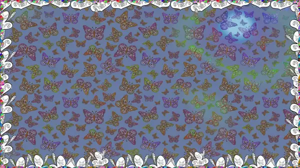 Kelebek desenli güzel çizim tasarımı. Ambalajlar, duvar kağıtları, kumaş tasarımı ve kağıt için hoş bir arkaplan. Kusursuz. Mavi ve kahverengi renkli resimler.