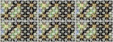 El çizimi çiçek unsurları olan soyut, dikişsiz raster deseni. 1950-1960 motifleri. Retro tekstil tasarım koleksiyonu. Çiçekli ipek eşarp. Siyah ve nötr siyah ve nötr.