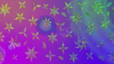 Birçok menekşe ve soyut çiçekli tropik çizim deseni. Küçük çiçekteki sevimli çiçek deseni. Varisolyot raster çizimi.