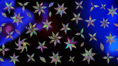 Modern çiçek arkaplanı. Parlak renkli çiçekli ve siyah yapraklı harika bir çiçek deseni. Moda baskıları için zarif bir şablon. Halk stili.