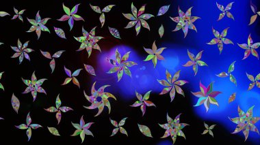 Çiçek ve yapraklı karalama şeklinde Raster çiçek deseni. Yumuşak, bahar çiçekleri siyah renklerde. Raster illüstrasyonu.