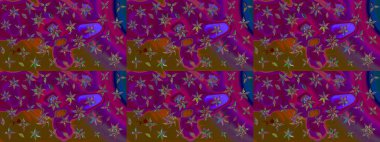 1950-1960 motifleri. Retro tekstil tasarım koleksiyonu. Mor üstüne mor. Çiçekli ipek eşarp. El çizimi çiçek elementleri ile soyut çizim raster deseni.
