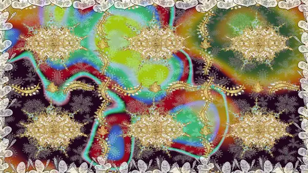 Senin tasarımın için, duvar kağıdı. Raster geometrik arka plan. Kahverengi renklerde altın çiçekli altın desenler. Altın rengi kusursuz illüstrasyon.