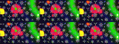 Çok renkli, zarif küçük çiçekler ve gri renkli komik böcekler, raster desen, illüstrasyon.