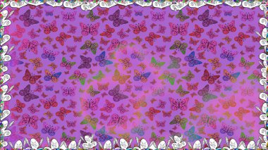 Kusursuz. Kart, baskı ve davetiye için basit kadınsı bir model. Kağıt, kumaş ve ambalaj için uygun. Raster illüstrasyonu. Menekşe ve mor arka planda renkli kelebek koleksiyonu.