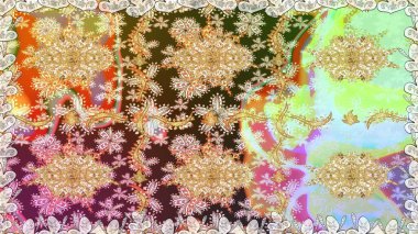 Kusursuz kıvırcık saçlar. Raster altın desen. Doğulu stil, altın elementlerle altın deseni nötr renklerle donatır..