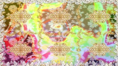 Çiçek kiremitleri. Kusursuz desenli oryantal süs. Altın elementlerle nötr renklerde altın desen. İslam tasarımı. Raster altın tekstil baskısı.