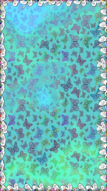 Davetiye, kart ve parmak izi için basit kadınsı bir model. Raster illüstrasyonu. Rastgele mavi kelebekler şirin desenler. Mavi arka planda kelebek. Kusursuz..