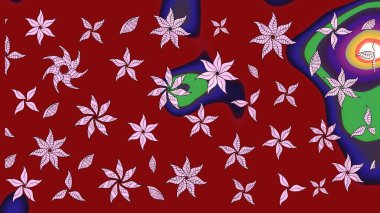 Suluboya elle çizilmiş çiçek desenli eskiz deseni. Parlak renkli fantezi çiçekleri, yapraklar, kırmızı renkli tomurcuklar..