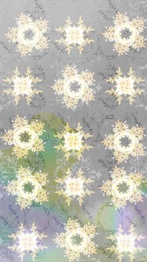 Çok renkli, zarif küçük çiçekler ve gri renkli komik böcekler, raster desen, illüstrasyon.