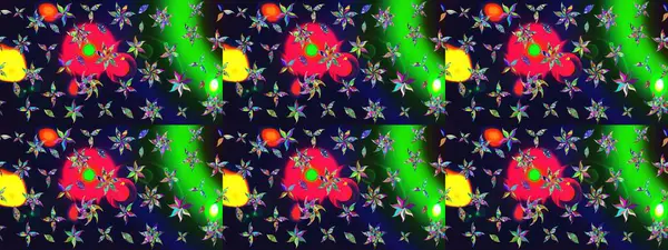 Çok renkli, zarif küçük çiçekler ve gri renkli komik böcekler, raster desen, illüstrasyon.