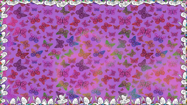 Kusursuz. Kart, baskı ve davetiye için basit kadınsı bir model. Kağıt, kumaş ve ambalaj için uygun. Raster illüstrasyonu. Menekşe ve mor arka planda renkli kelebek koleksiyonu.