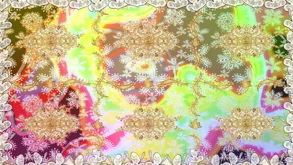 Çiçek kiremitleri. Kusursuz desenli oryantal süs. Altın elementlerle nötr renklerde altın desen. İslam tasarımı. Raster altın tekstil baskısı.