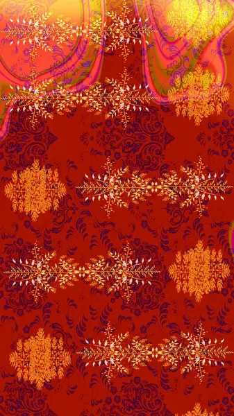 Kırmızı, turuncu ve sarı renklerde Asya tekstili. Raster illüstrasyonu. Çiçek desenini çiz.