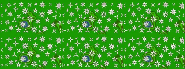 Raster düz çiçek çizim deseni. Hediye ambalaj kağıdı, tebrik kartları, posterler ve pankart tasarımı. Yeşil renkte çiçekler.