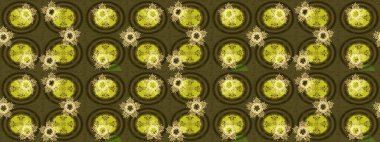 Raster illüstrasyonu. Yeşil, kahverengi ve sarı renkli kar taneleri. Renkli arka planda izole tatlı kar taneleri. Kar tanesi raster deseni.