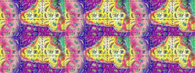 Çiçekli ipek eşarp. El çizimi çiçek unsurları olan soyut çizim raster deseni. Sarı, mor sarı, mor ve nötr. Retro tekstil tasarım koleksiyonu. 1950 'ler-1960' lar motifleri.