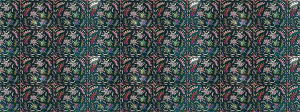 Tekstil, kumaş, ambalaj, hatıra defteri için hoş bir çiçek arkaplanı. Çocuksu tasarım. Mavi, nötr ve yeşil zemin üzerinde. Elle çizilmiş karalama çiçekleri ile Raster çizim deseni.