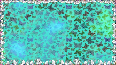 Raster. Uçan güvelerle kusursuz, çok renkli bir arka plan. Kumaş için uygun. Güzel renkli kelebekler kaotik bir şekilde mavi ve yeşil renklerde uçarlar. Parlak kelebeklerin kusursuz arka planı.