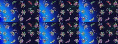 Çiçekli karalama şeklinde Raster çiçek deseni. Nazik, narin çiçek arkaplanı. Çiçekler gri, mavi ve yeşil renklerde.