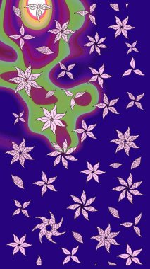 Modern çiçek arkaplanı. Parlak renkli çiçekleri ve mavi yaprakları olan harika bir çiçek deseni. Halk tarzı. Moda baskıları için zarif bir şablon.