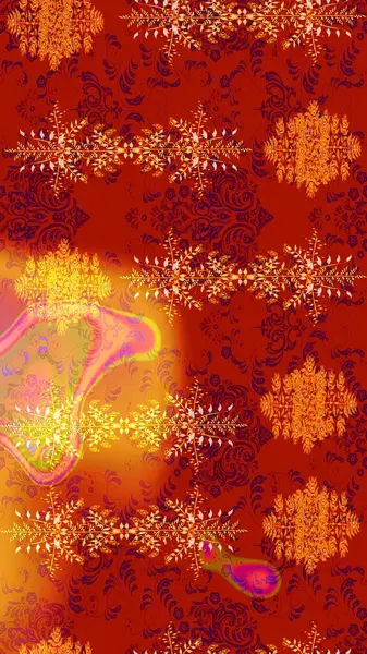 Çiçekler. Vadinin çiçekleri kırmızı, turuncu ve sarı renklerde. Soyut etnik raster çizim kalıbı.