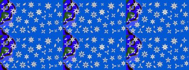 Renkli desenli eskiz deseni, mavi çiçekler ve dekoratif elementlerle. Eskiz geçmişi. Raster illüstrasyonu. Kumaş, tekstil, duvar kağıdı baskısı için. Antika retro tarzı.