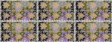 El yapımı dekoratif çerçeve, albüm kapağı, tebrik kartı, klasik Art deco tarzı. Raster soyut çiçek çelengi altın karalama fantezi yaprakları ve gri renkli çiçekler.