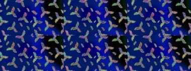 Raster illüstrasyonu. Kar tanelerinin soyut arkaplanlı Noel şablonu. Noel ve yeni yıl moda baskıları için tatil tasarımı. Mavi, siyah ve yeşil kar taneleri.