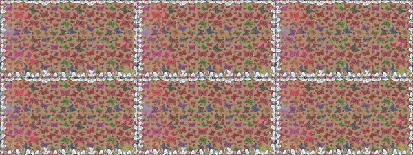 Raster. Parlak kelebeklerin kusursuz arka planı. Uçan güvelerle kusursuz, çok renkli bir arka plan. Güzel renkli kelebekler bej renklerde kaotik bir şekilde uçarlar. Kumaş ve kağıt için uygun..